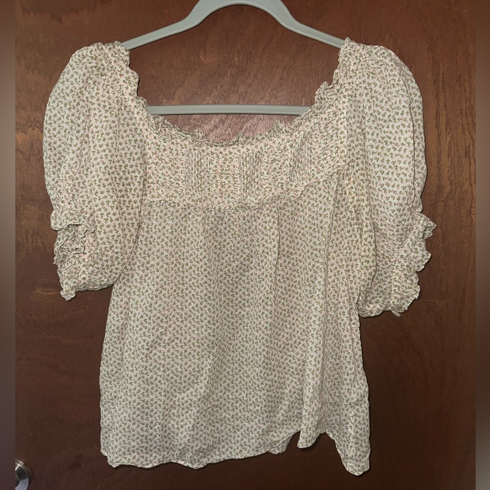 Rare DOEN Frances blouse ditsy pink and green tulip rose floral print